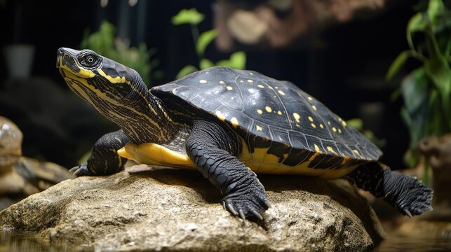 Yellow-bellied slider turtle basking on rock.