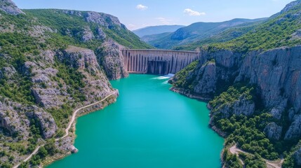 Obraz premium Aerial view of a turquoise quarry lake in a mountain landscape