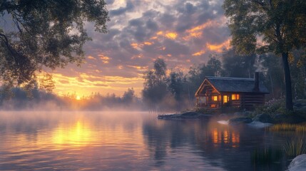 A serene lakeside scene featuring a cozy cabin, surrounded by trees, reflecting the glow of a vibrant sunset on calm waters.