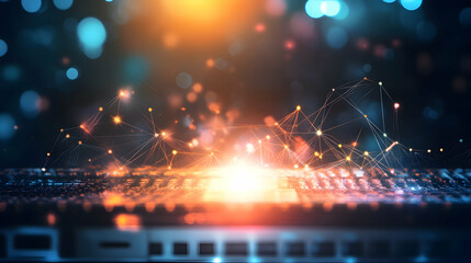 Fototapeta premium Networking Technology with Abstract Connection Points, Data Transmission on Computer Keyboard, Futuristic Communication Background