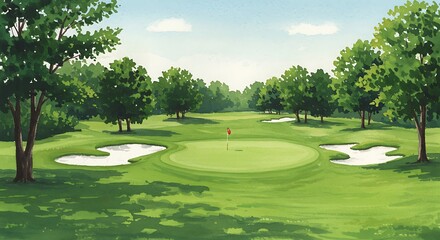 Fototapeta premium Golf course landscape, lush green fairway, sand bunkers, mature trees, rolling hills, clear blue sky, serene atmosphere, manicured grass, summer day, golf hole view, panoramic scene, 