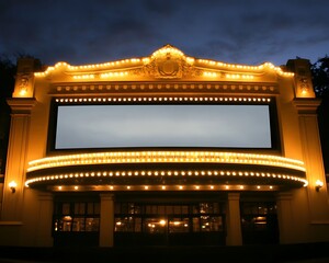 Illuminated vintage building front showcasing a theater at twilight with lights - obrazy, fototapety, plakaty