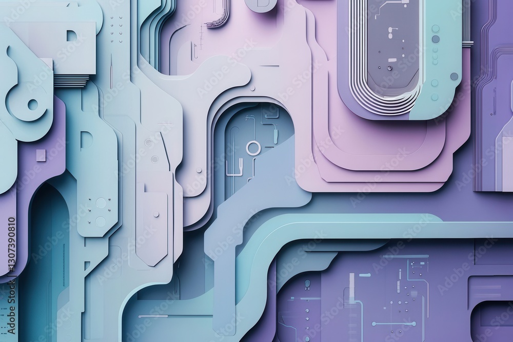 Aufkleber futuristic paper art featuring abstract layered designs of digital circuits and data flows in cool t