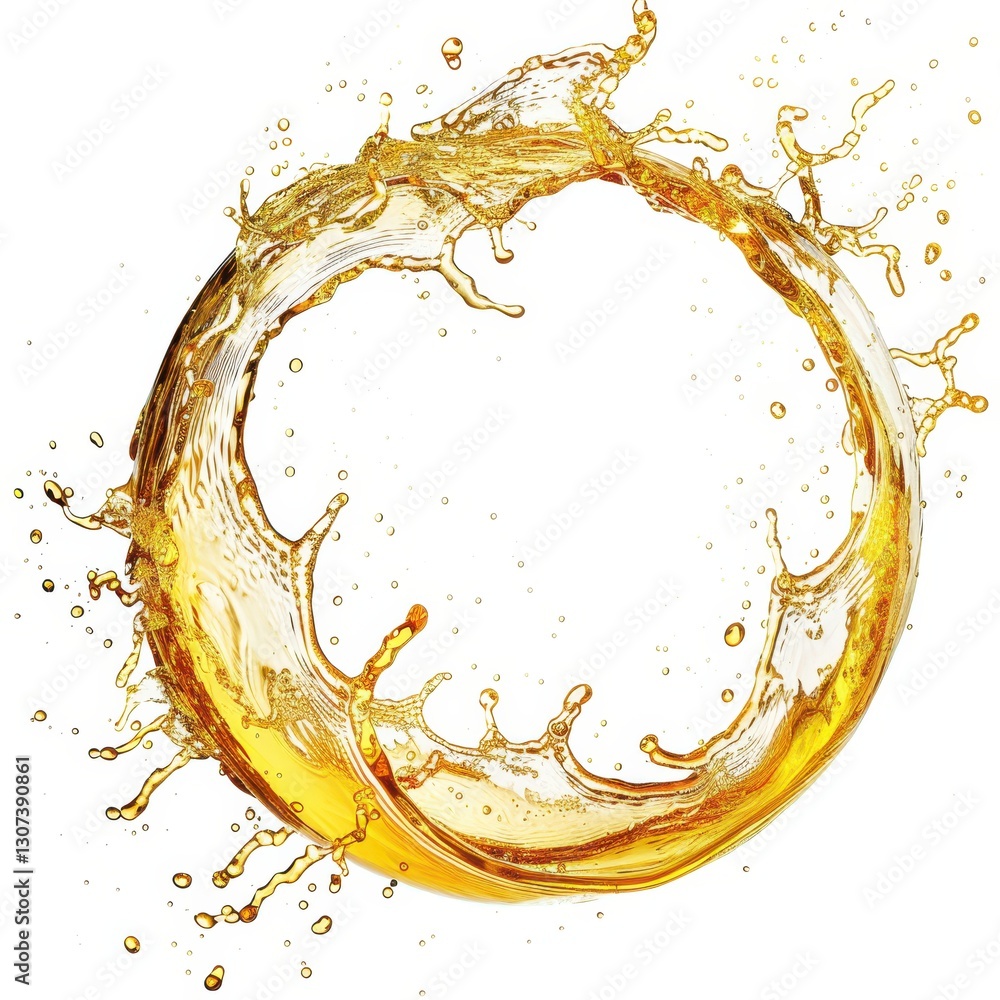 Poster Circular Splash of Beer Captured in Motion Creating a Unique Swirling Effect in Clear Background