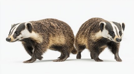 Fototapeta premium Two adorable baby badgers snuggling against a white backdrop, showcasing wildlife