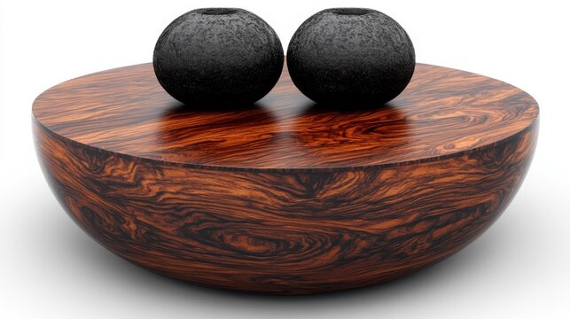 Two dark buns on a wooden plate, photographed in a studio. Ideal for recipe blog posts