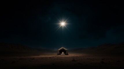 A bright star in a calm night sky with a small Bethlehem scene below