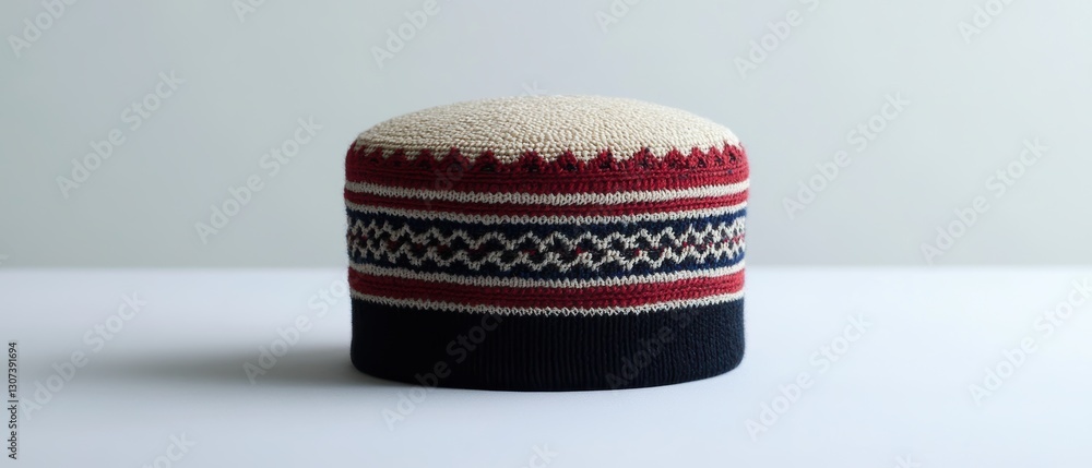 Poster cozy knit hat with intricate patterns and stripes in warm colors on a minimalist background for wint