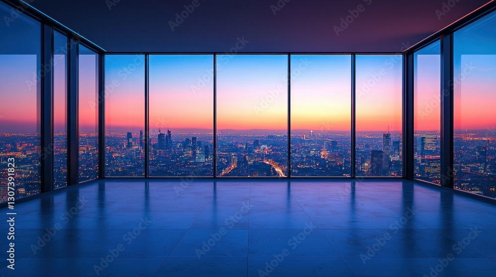 Poster an empty room with large windows and an urban cityscape view