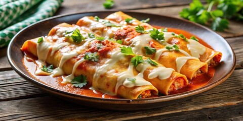 A steaming plate of enchiladas suizas in a creamy tomato sauce with melted cheese and fresh cilantro on top, enchilada sauce, delicious meal