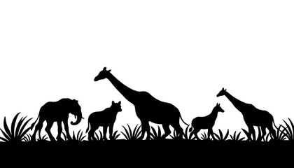 Silhouette of various animals walking in grass