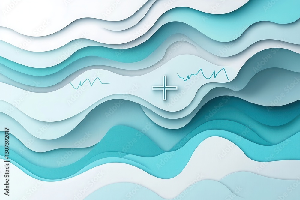 Poster calming layered paper art background with abstract medical symbols in soothing blue and teal tones f