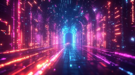 Immersive neon glitchscape, distortions in pixel art