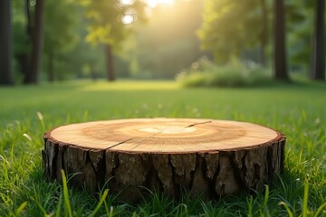 Rustic Wooden Stump in a Lush Green Park Setting