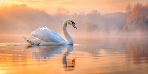 Fototapeta premium White Art Swan floating peacefully on a serene lake surface at dawn surrounded by soft hues of pink and orange warm light reflecting gently ripples, gentle ripples, art swan lake sunrise
