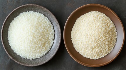 An overhead shot of two rice dishes, one white and one tomato, perfect for food photography on recipe blogs