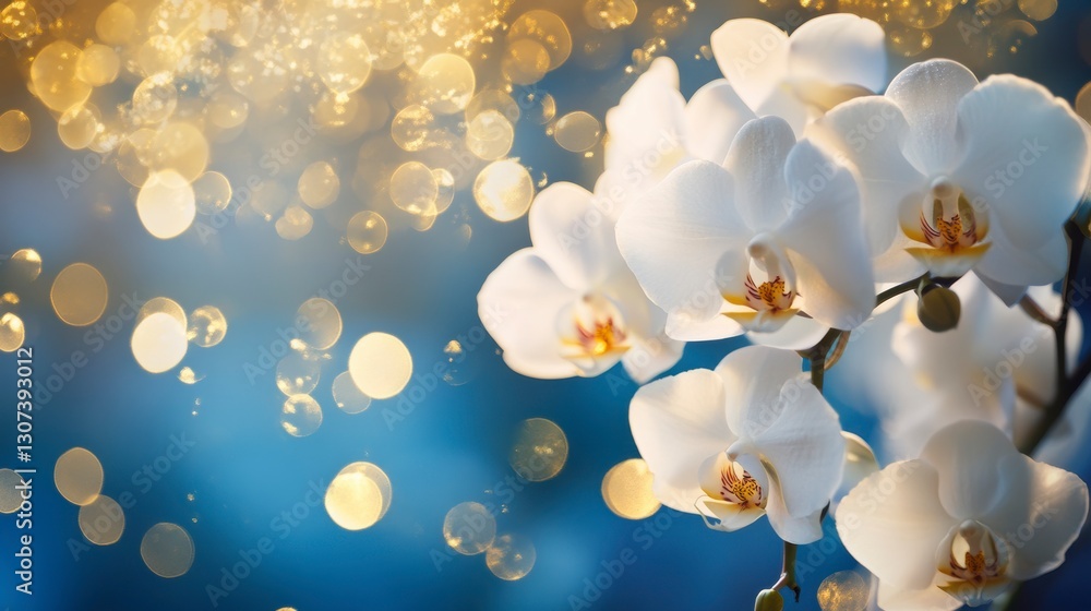 Poster elegant white orchids in soft focus with bokeh background. possible use greeting card design, floral