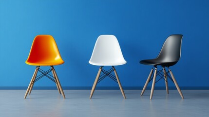 In the waiting room, there are unique chairs set against a blue background, as someone prepares for a job interview