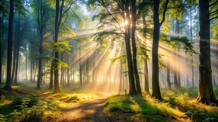 Fototapeta premium misty forest morning light filtering through dense trees creating shadows and highlights, earthy, sunlight, earthy, sunlight