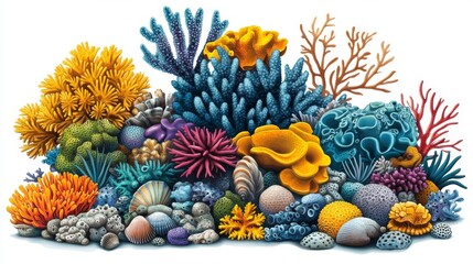 Fototapeta premium Lively coral reef drawing featuring ocean rocks, an underwater setting, marine creatures, and a natural backdrop
