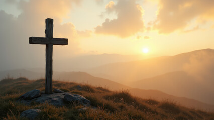 A cross stands on a hillside at sunrise, symbolizing faith and hope against a breathtaking landscape.