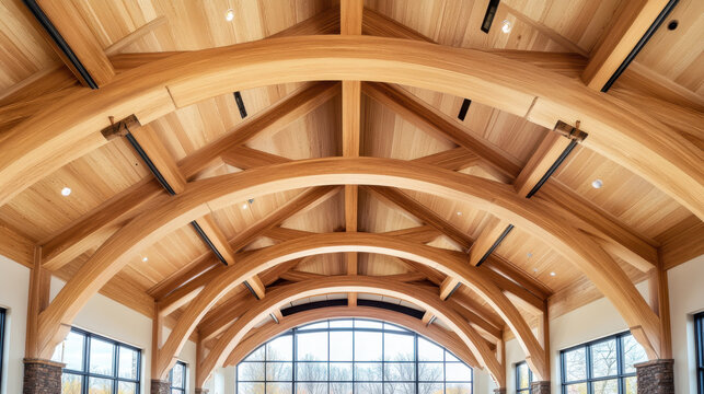 A stunning wooden beam truss system ceiling reveals exquisite craftsmanship and enhances the spacious feel of the interior environment