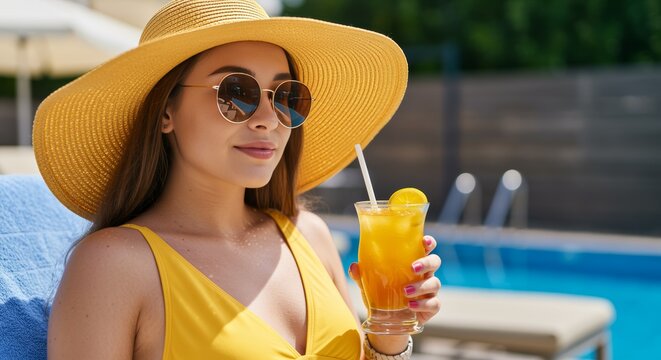 Young woman in yellow swimsuit, hat and sunglasses lying near pool with cocktail. Summer and rest