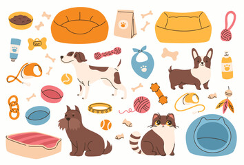 Set of toys for pets. Products for dog and cat care. Flat vector illustration.