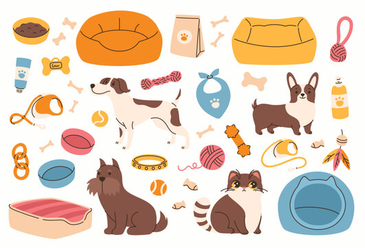 Set of toys for pets. Products for dog and cat care. Flat vector illustration.