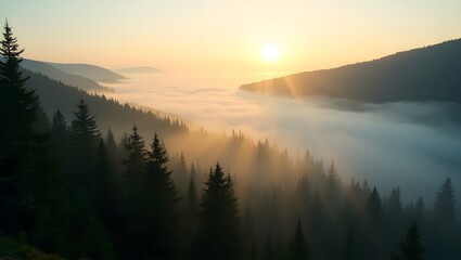Fototapeta premium Misty Forest at Sunrise – Serene Mountain Landscape with Golden Sun Rays