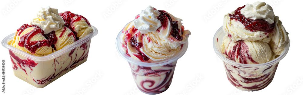 Poster a white background provides the setting for a glass bowl filled with yogurt and mixed with red berry