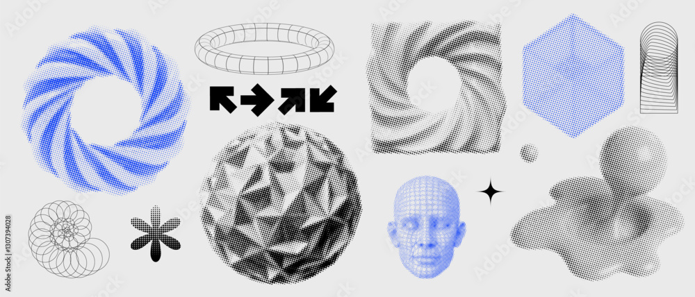 Poster 3d graphic assets set in retro halftone style, retro futuristic geometric elements with wireframe di
