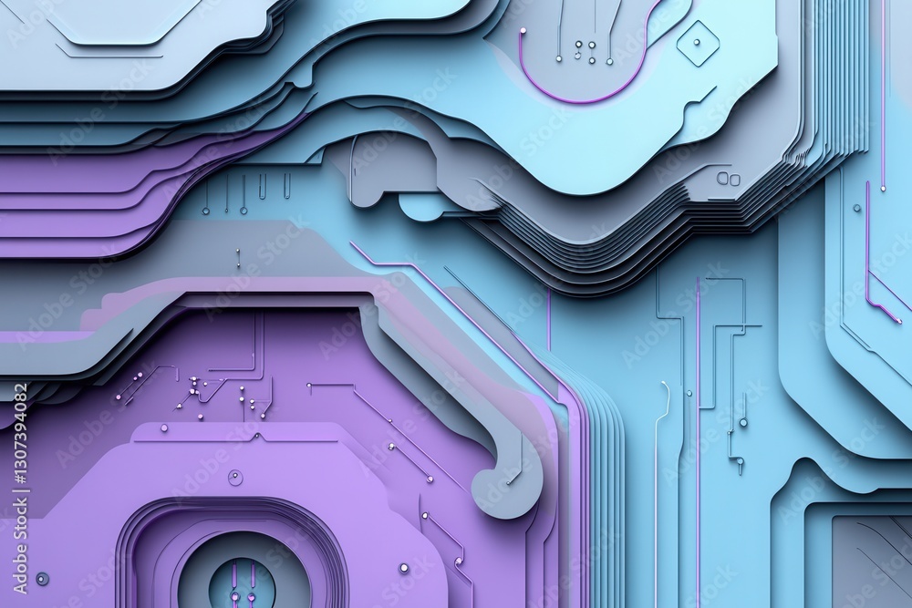 Poster Futuristic layered paper art featuring abstract circuits and data flows in cool tones of blue and purple Generative AI