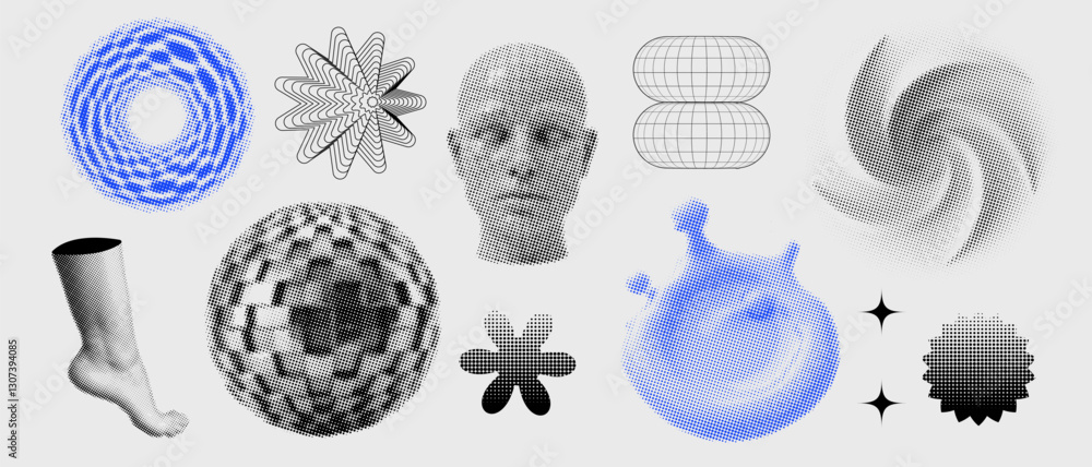 Poster wireframe 3d geometric shapes set , fi holograms, futuristic mechanisms, engine blueprint, retrofutu