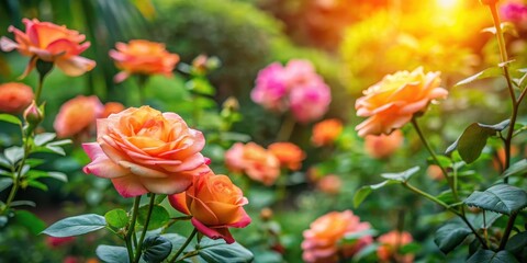 Obraz premium Vibrant coral rose flowers blooming in a lush tropical garden amidst greenery and colorful foliage