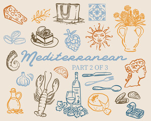 Beautiful hand drawn, whimsical style Mediterranean vector illustration Set
