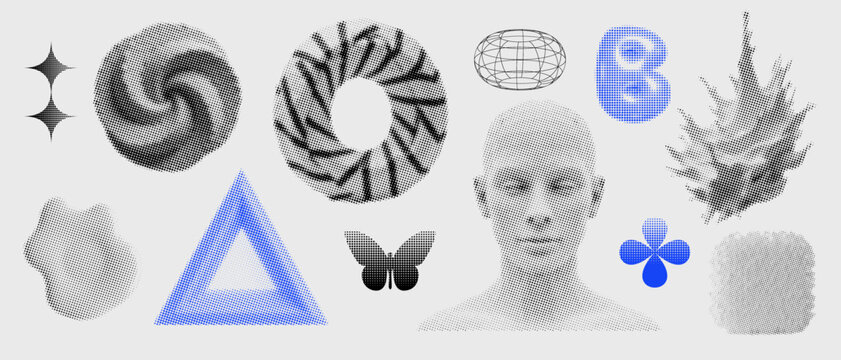 Universal trendy textured geometric bright bold shapes set. 3d brutalism vector elements