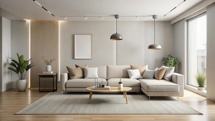 Minimalist living room with neutral tones and clean lines
