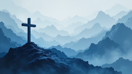 Obraz premium Christian cross on mountain peak against blue misty sky.