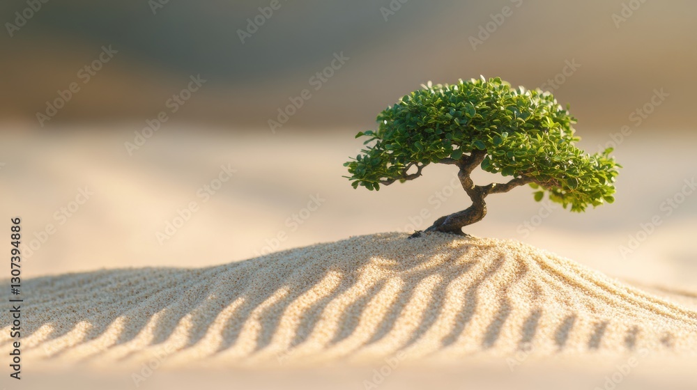 Poster resilient tree growing alone on a sandy dune under soft light, symbolizing strength and adaptability
