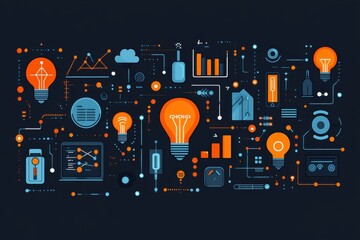 Creative infographic illustrating light bulbs, business charts, and technological connections