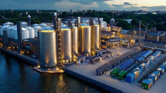 A view of a large industrial area next to a body of water