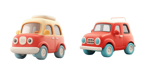 two toy cars stand side by side, with a retro vibe. The first car is a campervan, and the second is a SUV