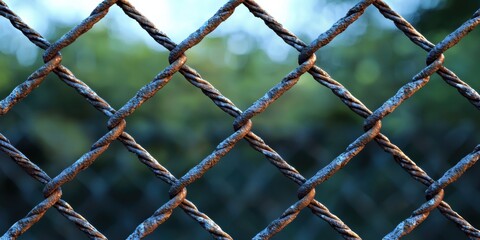 Fototapeta premium Rustic Chain-Link Fence Surrounded by Lush Greenery