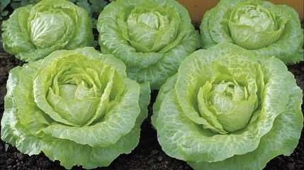 Fototapeta premium Fresh green lettuce heads growing in a garden bed outdoors