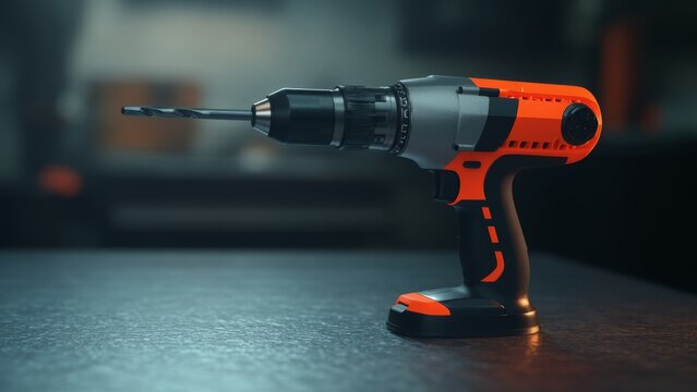 A cordless power drill with an orange and black design is placed on a textured surface in a workshop. The drill bit is attached, ready for use, highlighting its functionality and modern design
