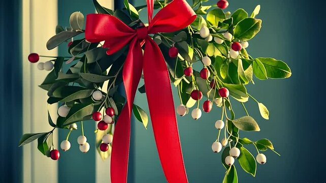 Classic mistletoe decoration with a pretty red ribbon
