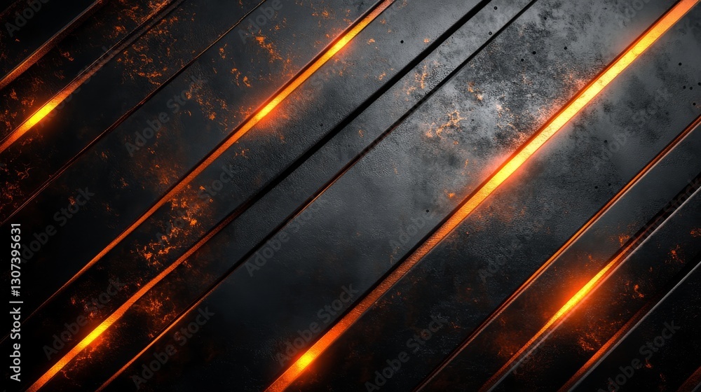 Poster angled metallic surfaces with glowing orange lines creating a design