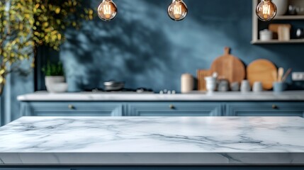 Obraz premium In a contemporary kitchen design, the sleek marble island stands as a centerpiece, surrounded by tasteful decor, illuminated by warm pendant lights, creating a cozy atmosphere for culinary creativity