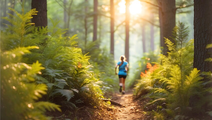 Obraz premium A runner on a forest trail, translucent washes, fluid brushstrokes, cool soft light, blues greens purples, diffused shadows, subtle illumination, blurred motion. 